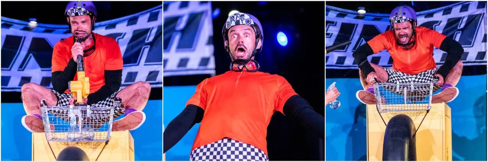 A man in a purple helmet, orange shirt, and checkered shorts makes three different exaggerated facial expressions in a split image, appearing distressed in all three.